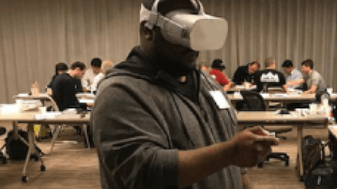 Person wearing virtual reality headset