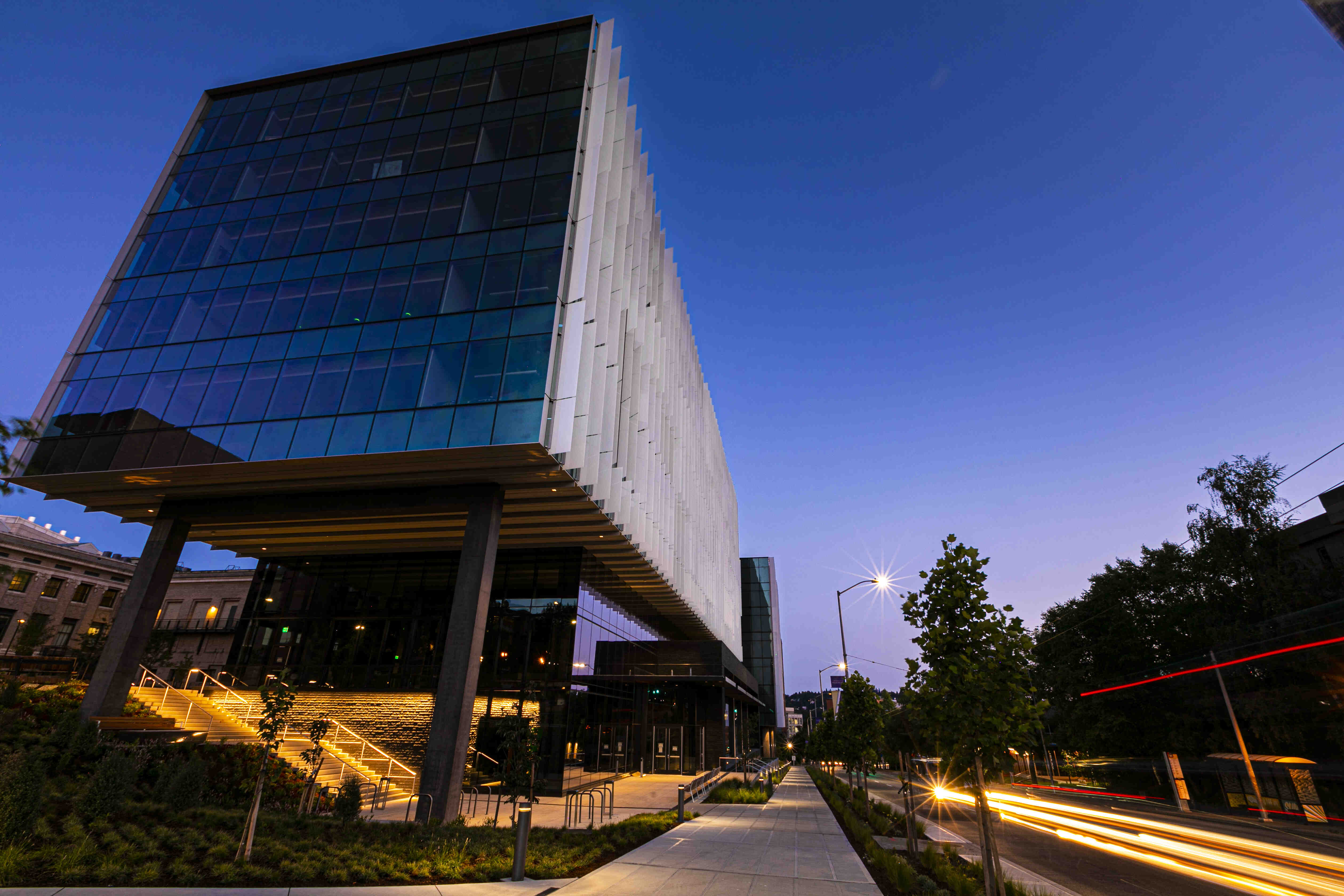 Exterior photo of building at night.