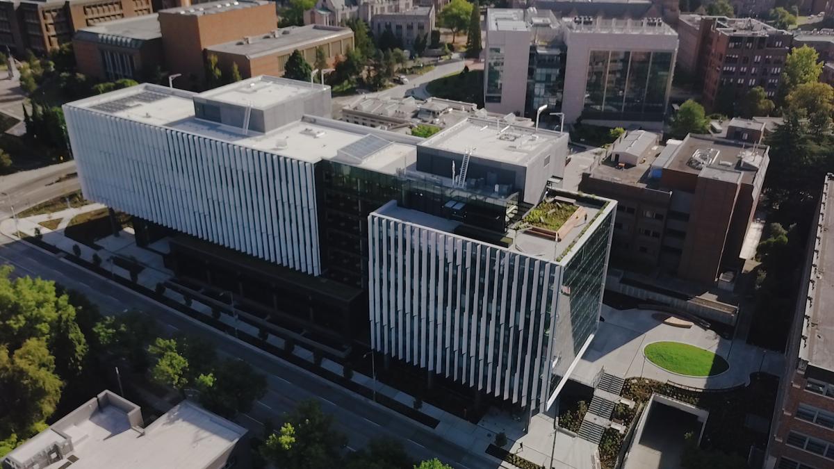 Aerial view of a large building, the UW Hans Rosling Center for Population Health