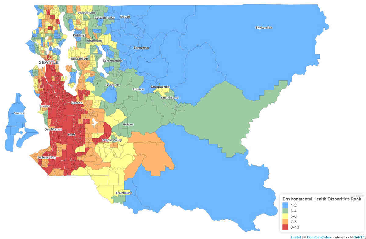 Map of environmental health disparities rank for census tracts in King County, with the highest environmental health disparities clustered in South King County.