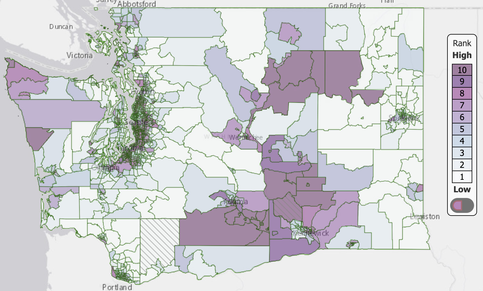 Map of fine particulate matter (PM 2.5) across Washington state showing the highest levels of PM 2.5 in the corridor including Everett, Seattle and Tacoma, as well as the areas surrounding Wenatchee, Yakima, Kennewick and Spokane and the Okanogan Valley.