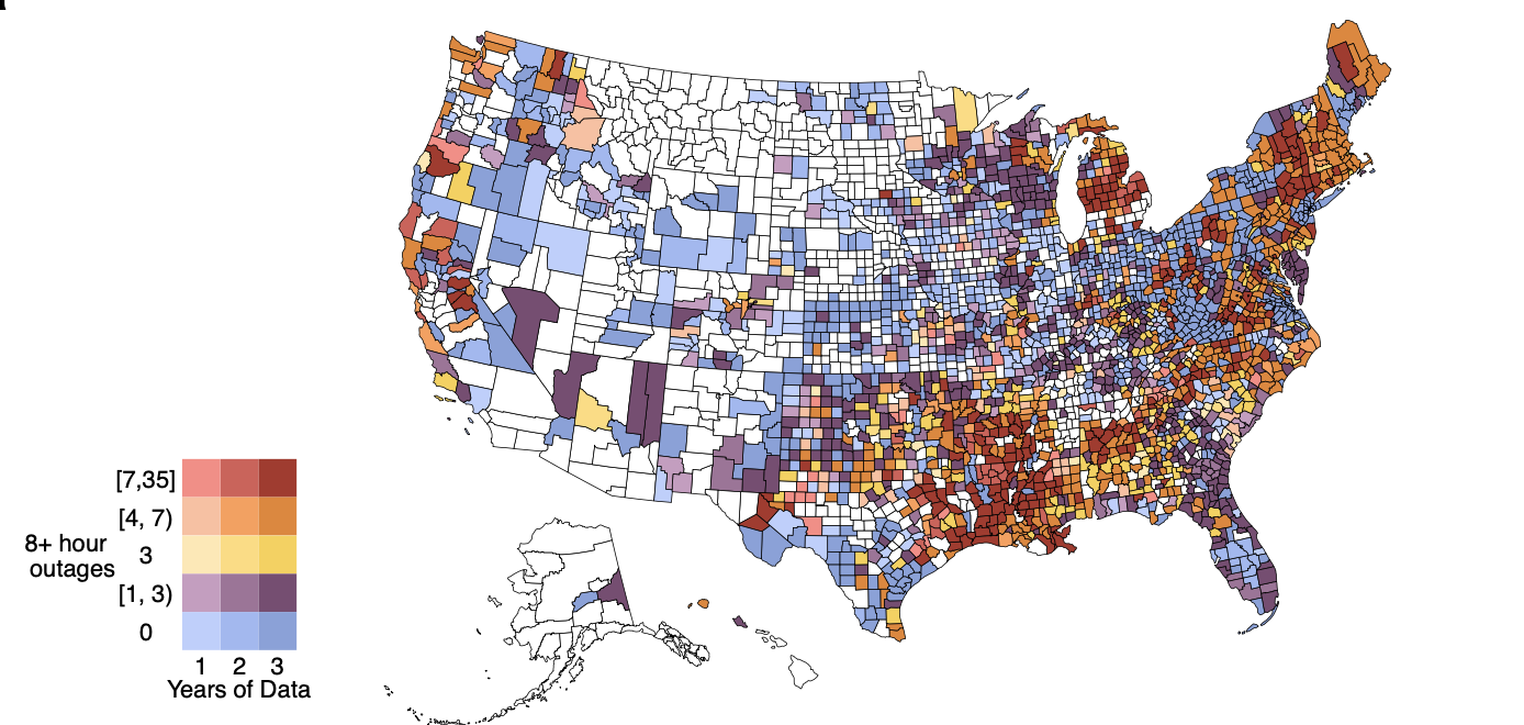 A map of the US showing areas experiencing 8+ hour power outages, with areas shaded red experiencing the most (concentrated in the South, Northeast and Appalachia).