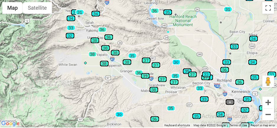 Map of the Yakima Valley showing weather stations in blue circles.