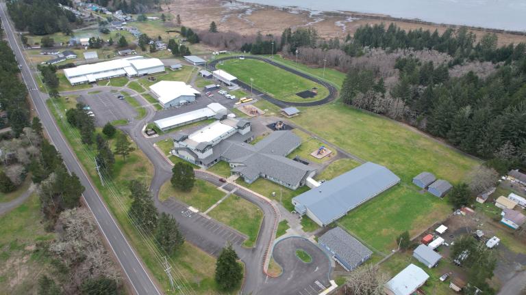 An aerial view of the town of Westport, Washington from a drone.