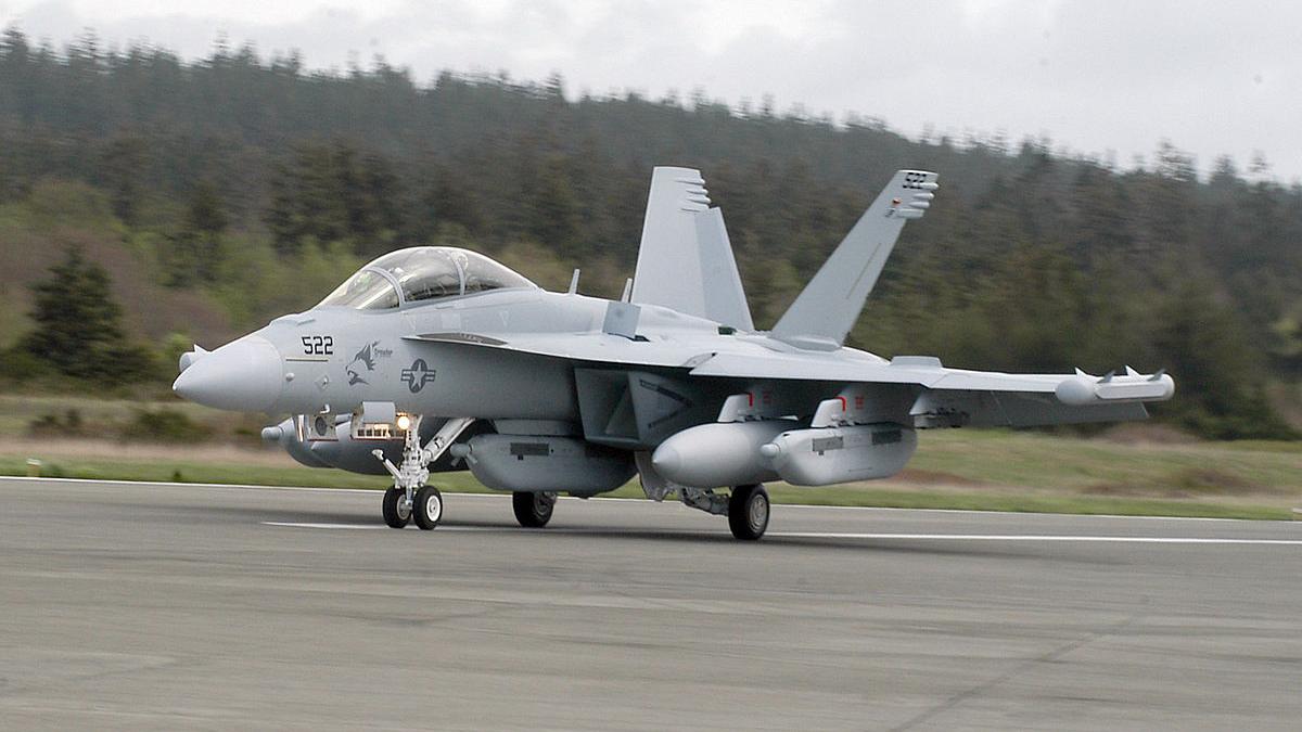 A US Navy Growler aircraft lands on a runway on Whidbey Island.