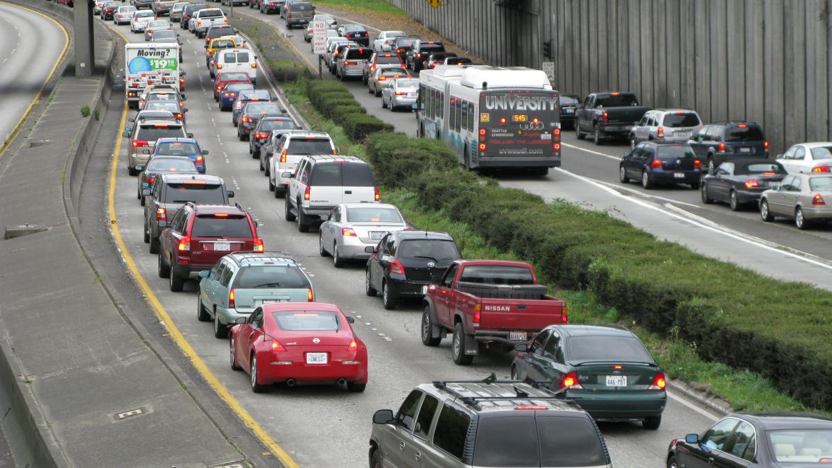 Cars sit in traffic on Highway 520.