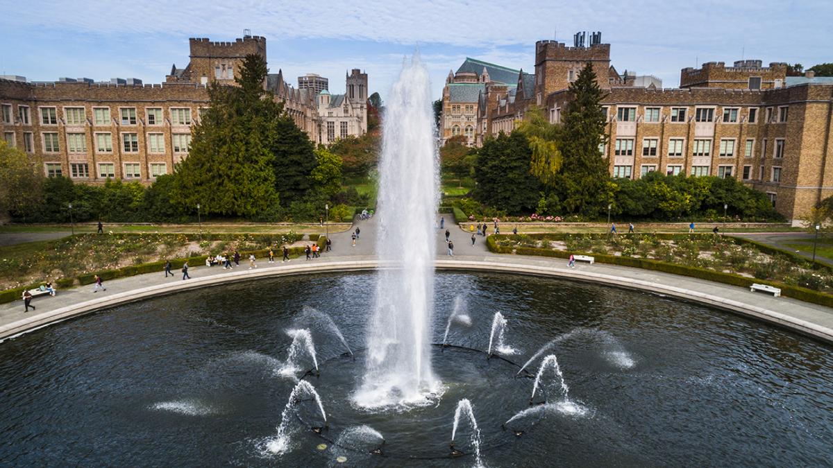 Aerial shot of Drumheller Fountain, UW campus