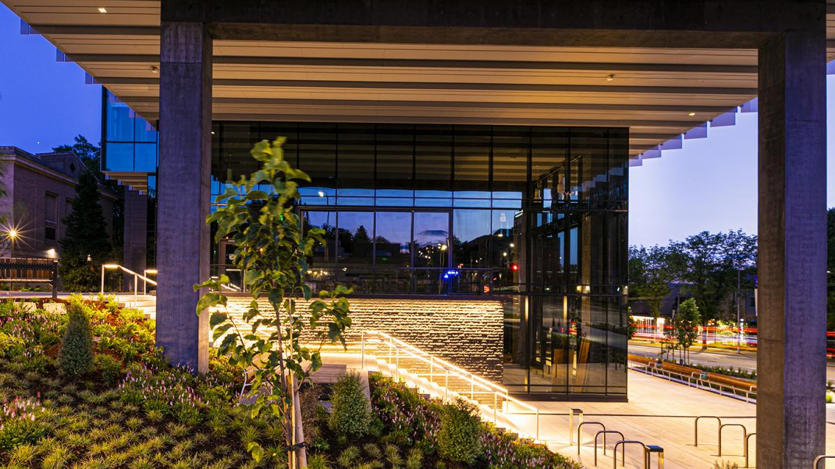 Exterior shot of an office building at night