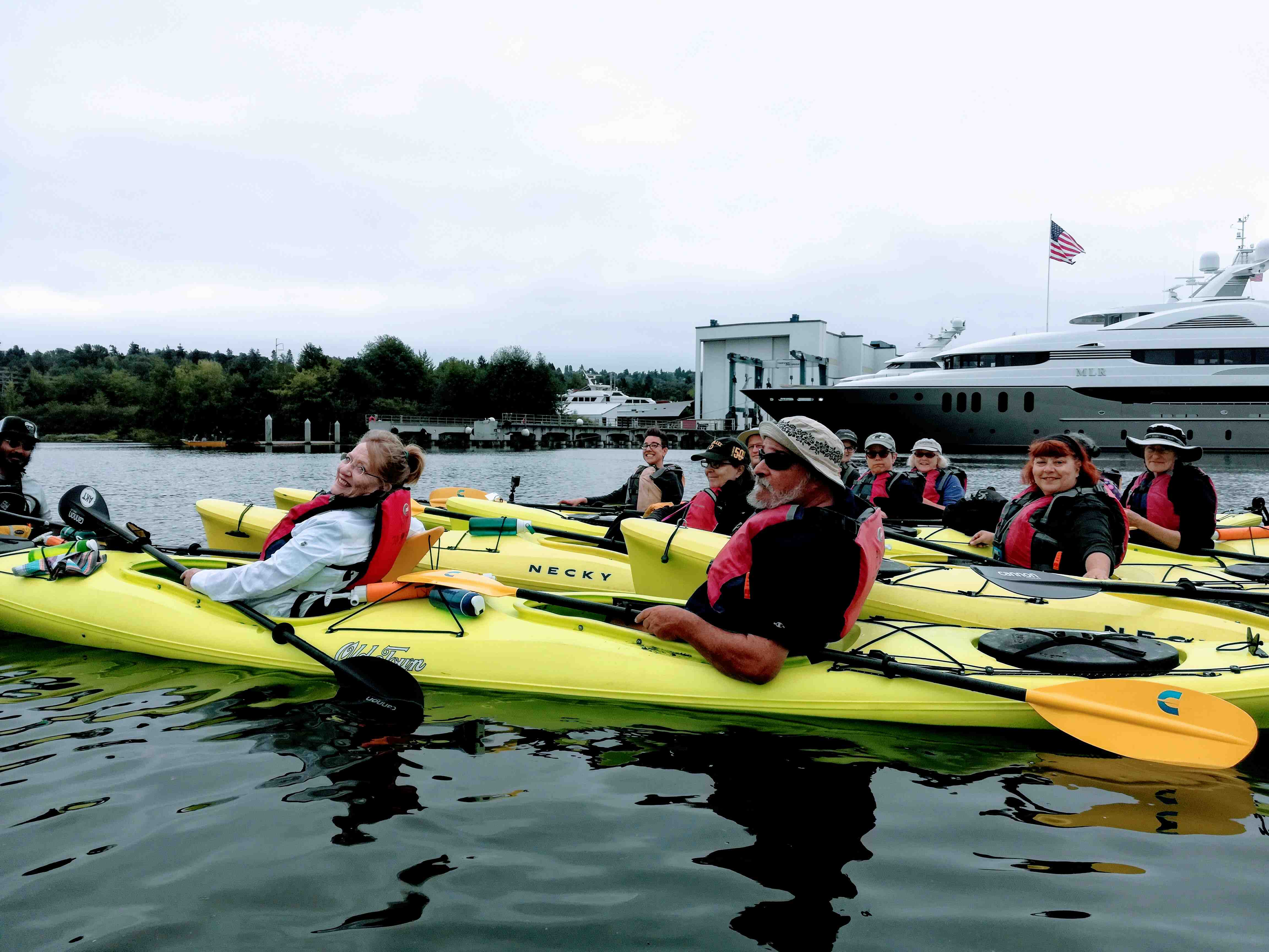 Kayakers in front of Delta Marine (zero discharge shipyard) and mouth of daylighted Hamm Creek