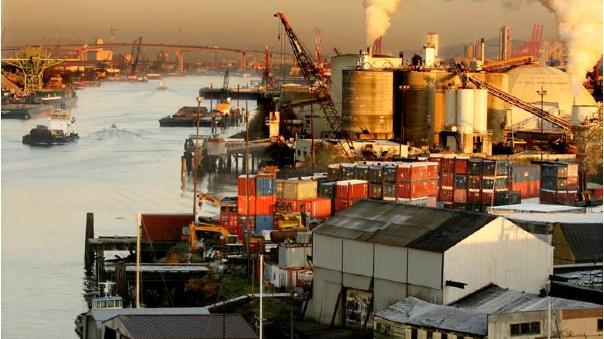 A view of industrial smoke plumes along Seattle's Duwamish River